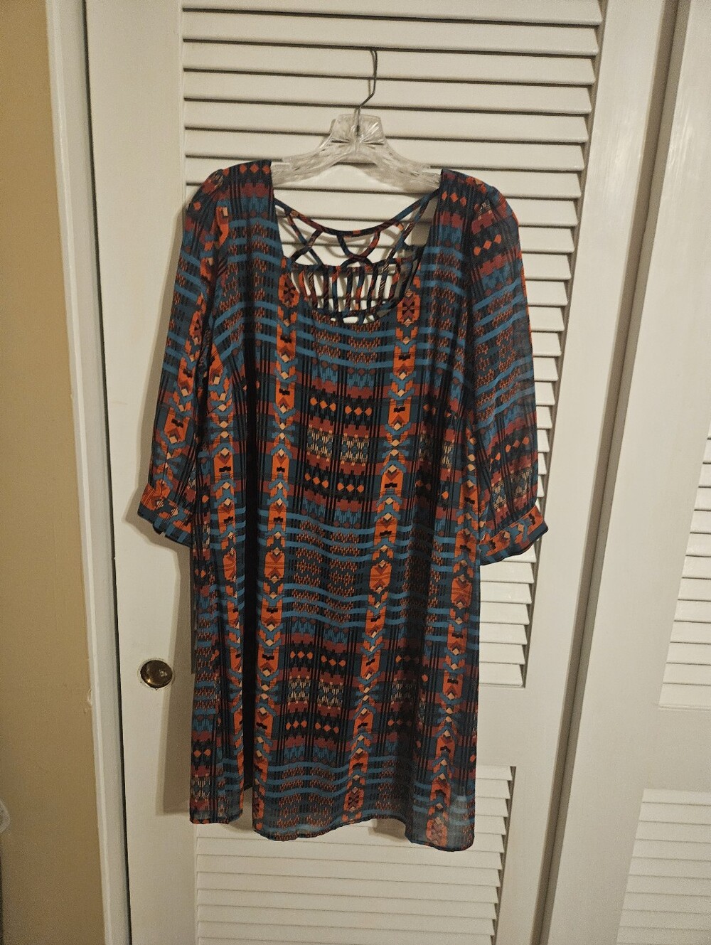 Boho Aztec Print Crisscross Back Tunic Dress - Teal & Orange 1x Heart Plus